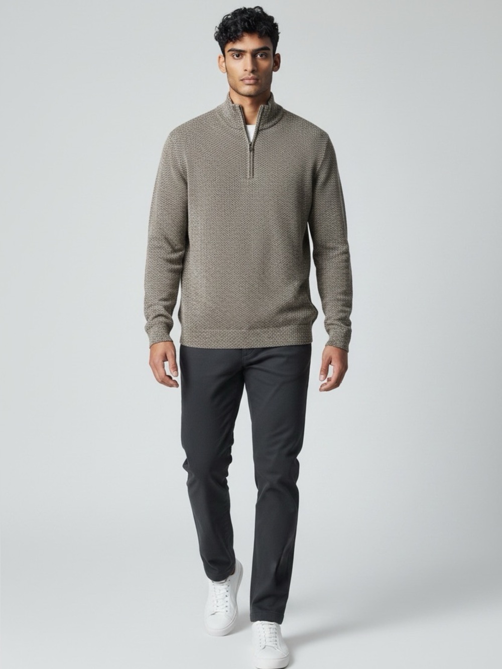 THOMAS STERLING Half Zip Soft Waffle Knit Taupe sweater Men's SZ small, preowned